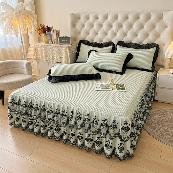 91家纺网 家纺一手货源 找家纺 鼎丰家纺 2025新款皱皱纱双层花边夹棉床裙单床裙床裙单品-梦想系列 梦想-嫩绿