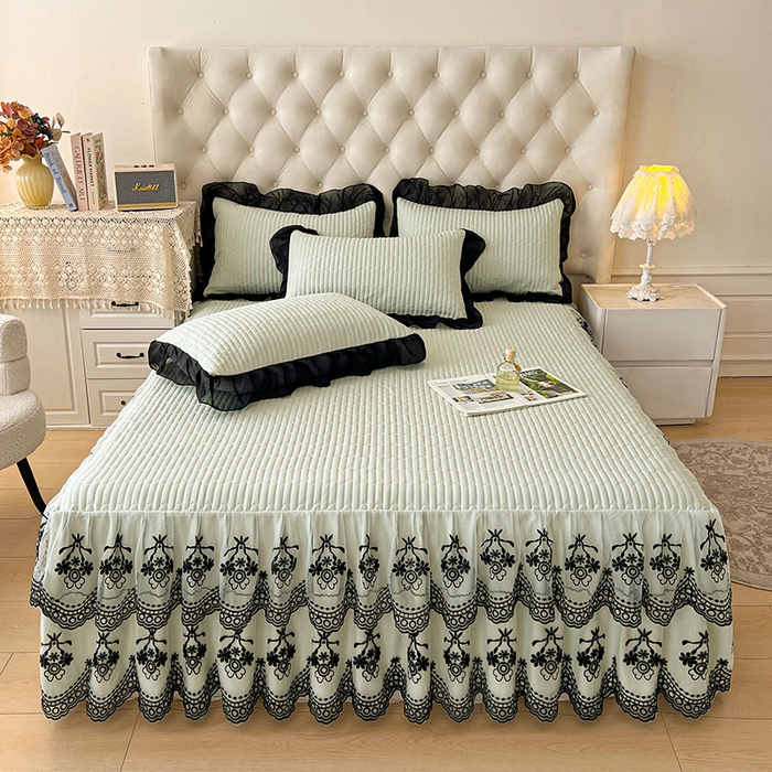 91家纺网 家纺一手货源 找家纺 鼎丰家纺 2025新款皱皱纱双层花边夹棉床裙单床裙床裙单品-梦想系列 梦想-嫩绿