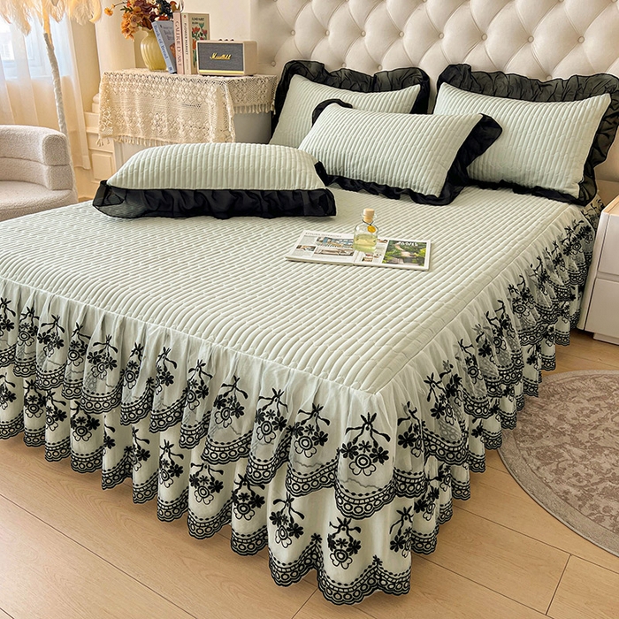 91家纺网 家纺一手货源 找家纺 鼎丰家纺 2025新款皱皱纱双层花边夹棉床裙单床裙床裙单品-梦想系列 梦想-嫩绿