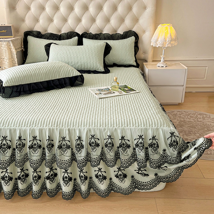 91家纺网 家纺一手货源 找家纺 鼎丰家纺 2025新款皱皱纱双层花边夹棉床裙单床裙床裙单品-梦想系列 梦想-嫩绿