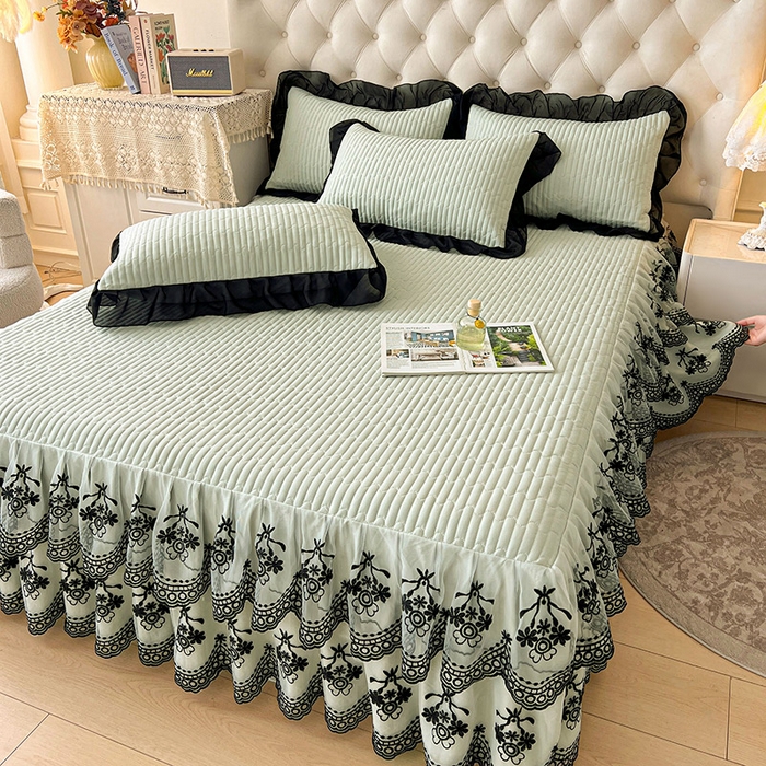 91家纺网 家纺一手货源 找家纺 鼎丰家纺 2025新款皱皱纱双层花边夹棉床裙单床裙床裙单品-梦想系列 梦想-嫩绿