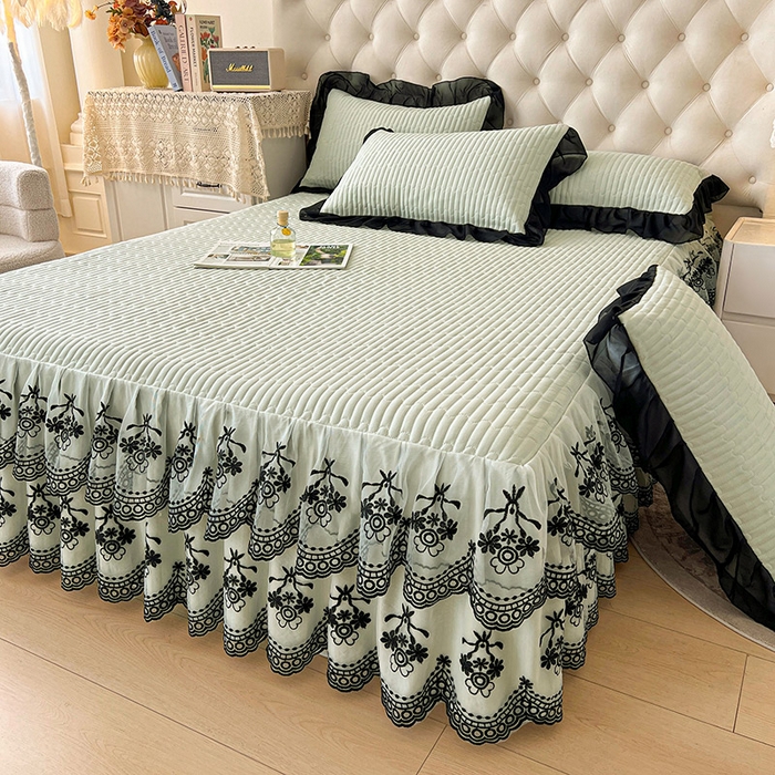 91家纺网 家纺一手货源 找家纺 鼎丰家纺 2025新款皱皱纱双层花边夹棉床裙单床裙床裙单品-梦想系列 梦想-嫩绿