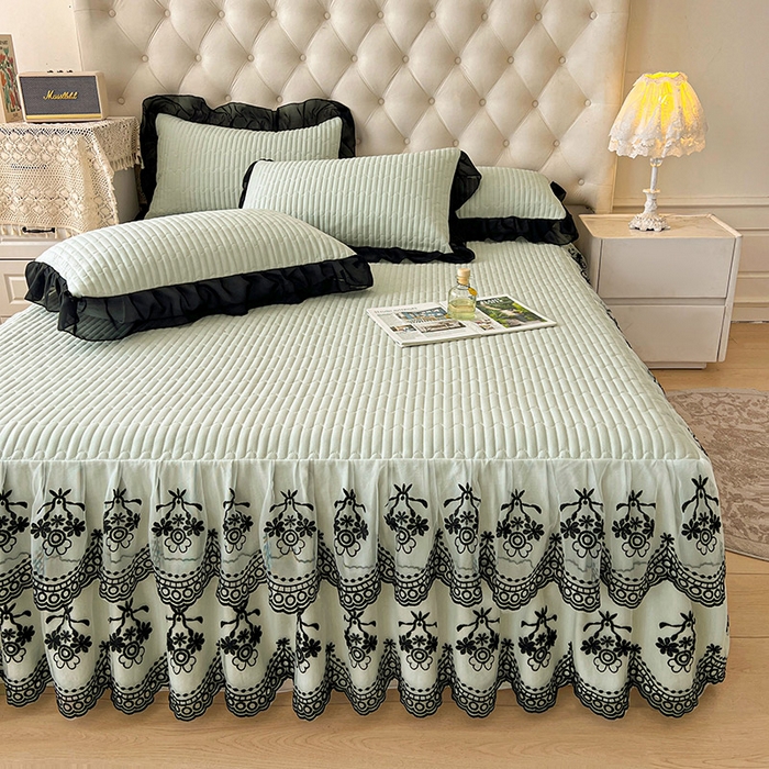 91家纺网 家纺一手货源 找家纺 鼎丰家纺 2025新款皱皱纱双层花边夹棉床裙单床裙床裙单品-梦想系列 梦想-嫩绿