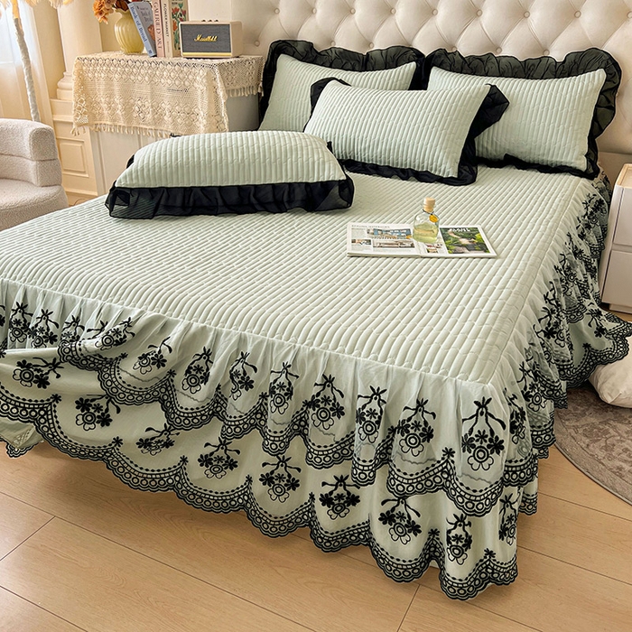 91家纺网 家纺一手货源 找家纺 鼎丰家纺 2025新款皱皱纱双层花边夹棉床裙单床裙床裙单品-梦想系列 梦想-嫩绿