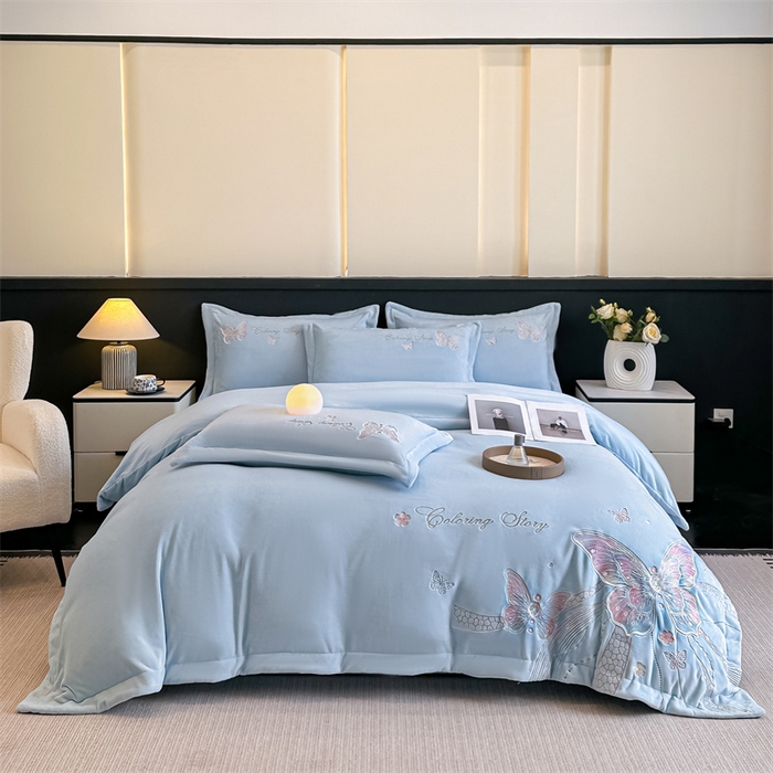 91家纺网 家纺一手货源 找家纺 锦铭源家纺 2025新款75D全消光超柔樱花绒绣花四件套牛奶绒四件套【有买家秀】 蝶恋-蓝