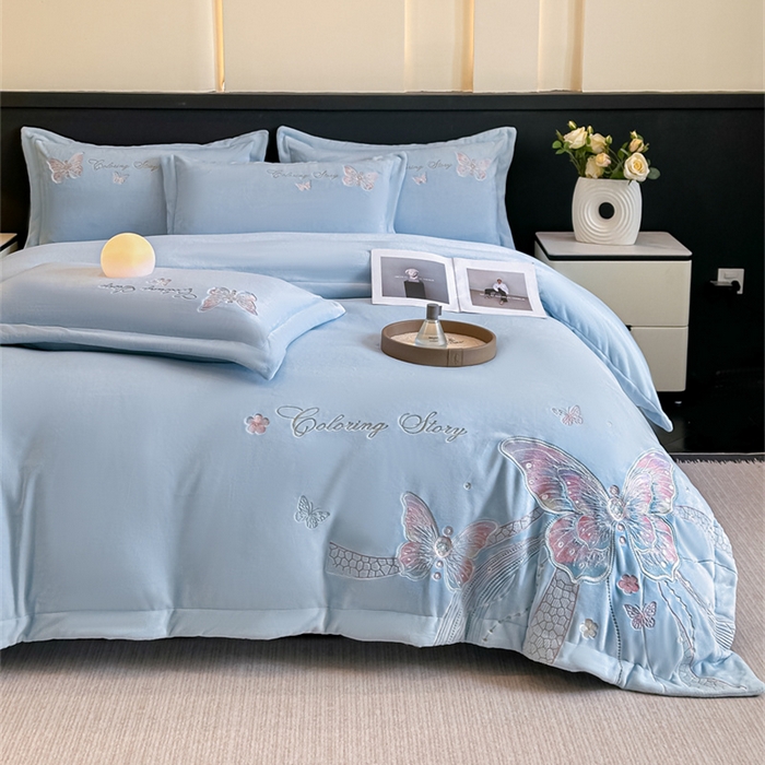 91家纺网 家纺一手货源 找家纺 锦铭源家纺 2025新款75D全消光超柔樱花绒绣花四件套牛奶绒四件套【有买家秀】 蝶恋-蓝