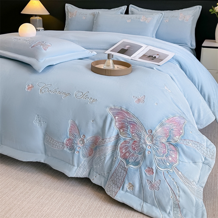 锦铭源家纺 2025新款75D全消光超柔樱花绒绣花四件套牛奶绒四件套【有买家秀】 蝶恋-蓝