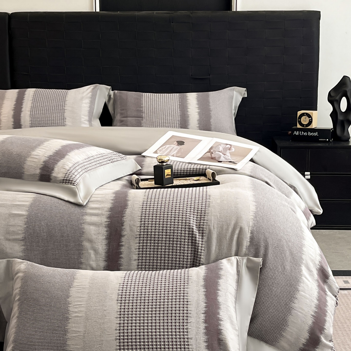 91家纺网 家纺一手货源 找家纺 博纳家纺 2025新款加厚纯棉色织提花撞色宽边四件套 格雅