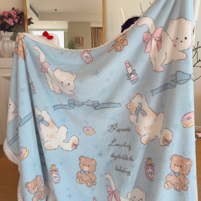 91家纺网 家纺一手货源 找家纺 润缦 2025新款卡通印花毛毯 元气猫咪酱