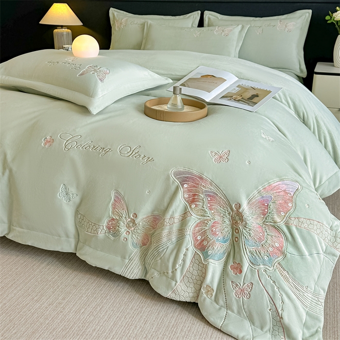 锦铭源家纺 2025新款75D全消光超柔樱花绒绣花四件套牛奶绒四件套【有买家秀】 蝶恋-浅绿