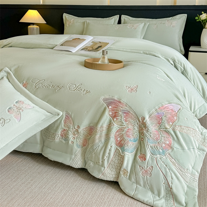 91家纺网 家纺一手货源 找家纺 锦铭源家纺 2025新款75D全消光超柔樱花绒绣花四件套牛奶绒四件套【有买家秀】 蝶恋-浅绿