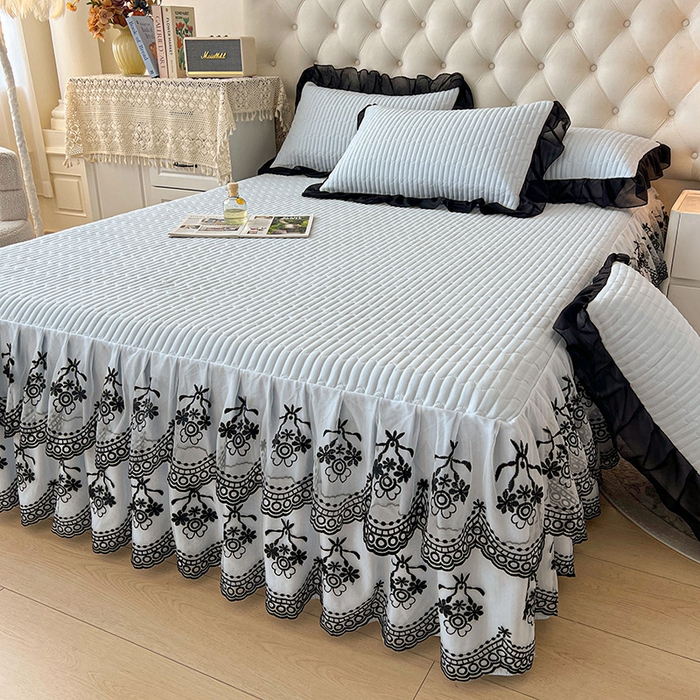 91家纺网 家纺一手货源 找家纺 鼎丰家纺 2025新款皱皱纱双层花边夹棉床裙单床裙床裙单品-梦想系列 梦想-浅蓝