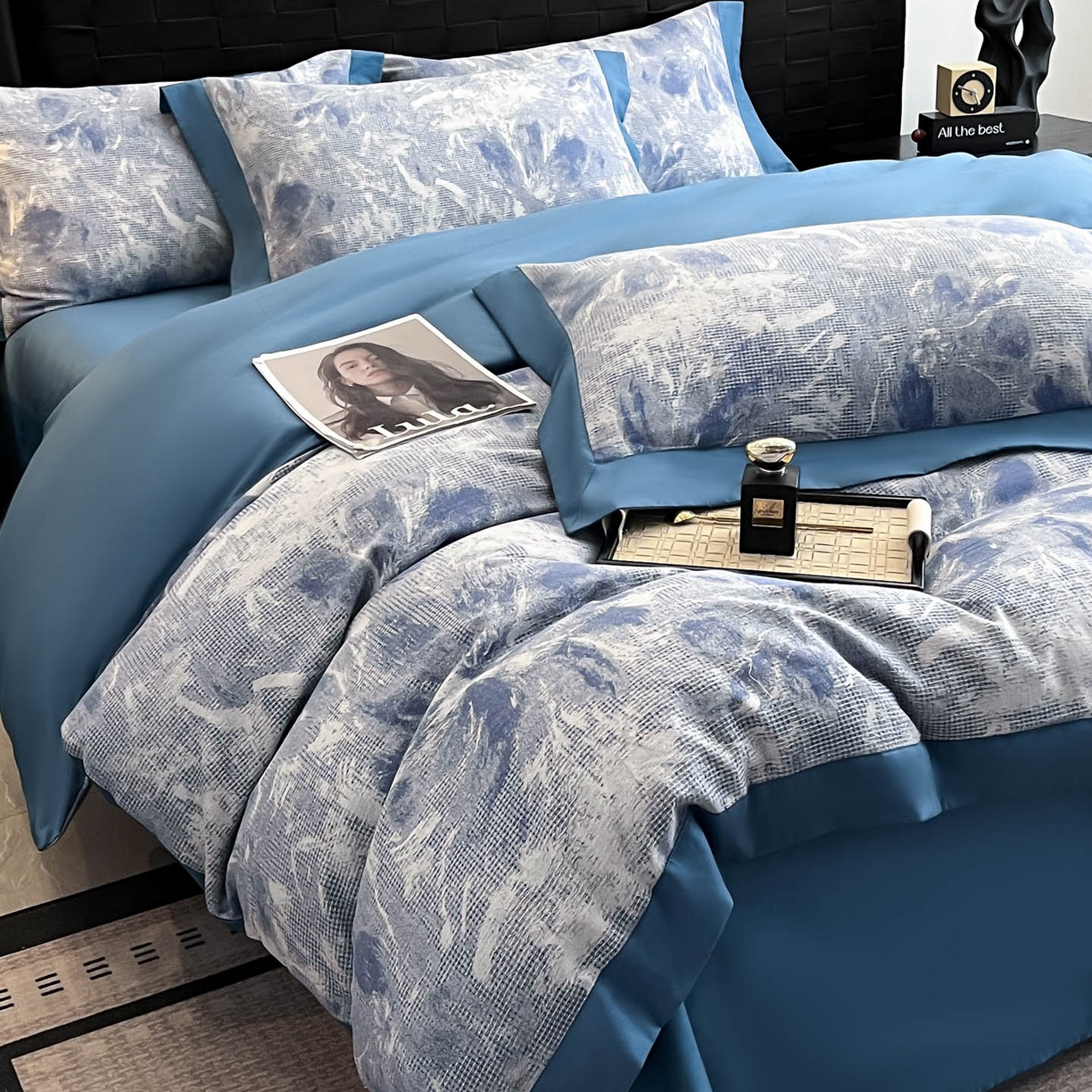 91家纺网 家纺一手货源 找家纺 博纳家纺 2025新款加厚纯棉色织提花撞色宽边四件套 涂鸦