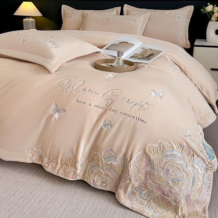 锦铭源家纺 2025新款75D全消光超柔樱花绒绣花四件套牛奶绒四件套【有买家秀】 花颜-咖