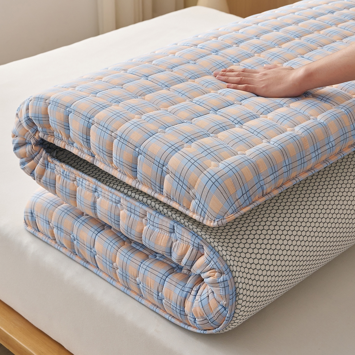 91家纺网 家纺一手货源 找家纺 缦吉 2025新款A类格调新疆棉花床垫 格调蓝