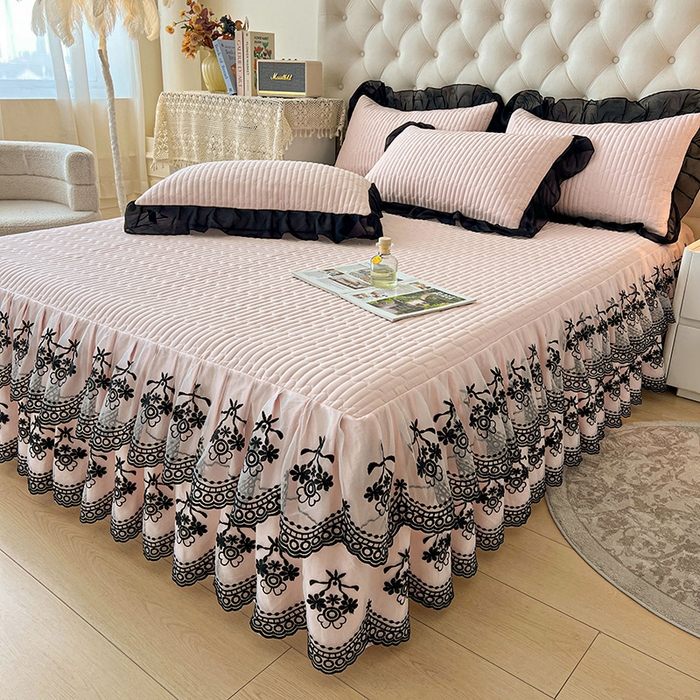 91家纺网 家纺一手货源 找家纺 鼎丰家纺 2025新款皱皱纱双层花边夹棉床裙单床裙床裙单品-梦想系列 梦想-浅玉