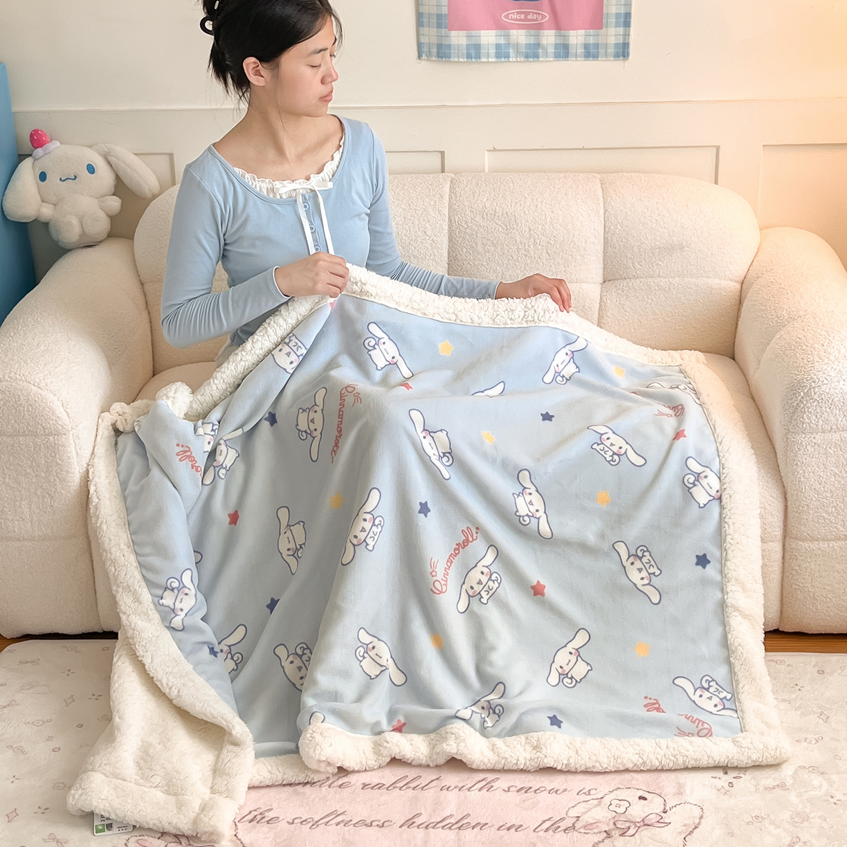 91家纺网 家纺一手货源 找家纺 桃子家居 2025新款A类三丽鸥正版授权少女可爱卡通加厚牛奶绒羊羔绒毛毯多功能四季毛毯 绒毛毯-MT三丽鸥迷你大耳狗