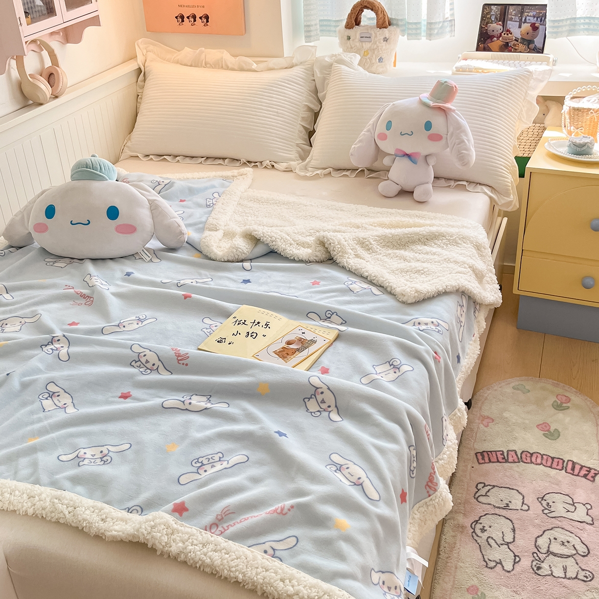 91家纺网 家纺一手货源 找家纺 桃子家居 2025新款A类三丽鸥正版授权少女可爱卡通加厚牛奶绒羊羔绒毛毯多功能四季毛毯 绒毛毯-MT三丽鸥迷你大耳狗