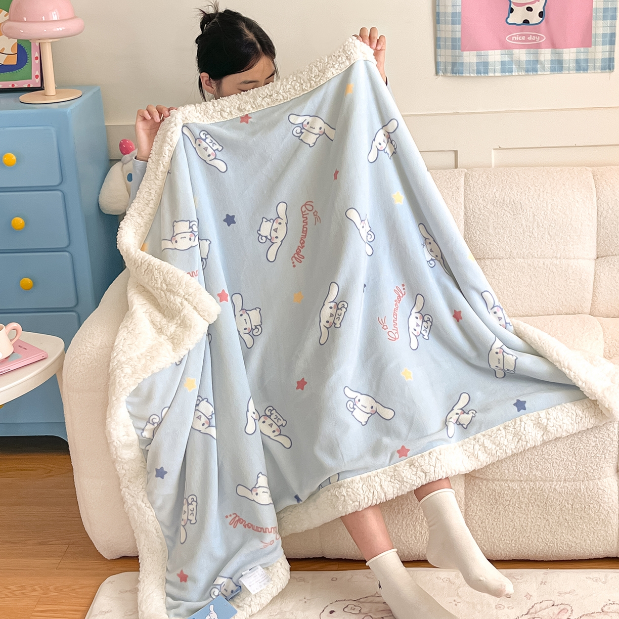 91家纺网 家纺一手货源 找家纺 桃子家居 2025新款A类三丽鸥正版授权少女可爱卡通加厚牛奶绒羊羔绒毛毯多功能四季毛毯 绒毛毯-MT三丽鸥迷你大耳狗