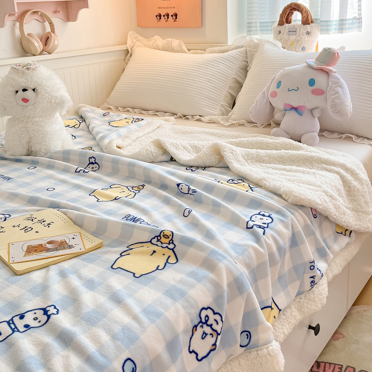 91家纺网 家纺一手货源 找家纺 桃子家居 2025新款A类三丽鸥正版授权少女可爱卡通加厚牛奶绒羊羔绒毛毯多功能四季毛毯 绒毛毯-MT三丽鸥蓝格布丁狗