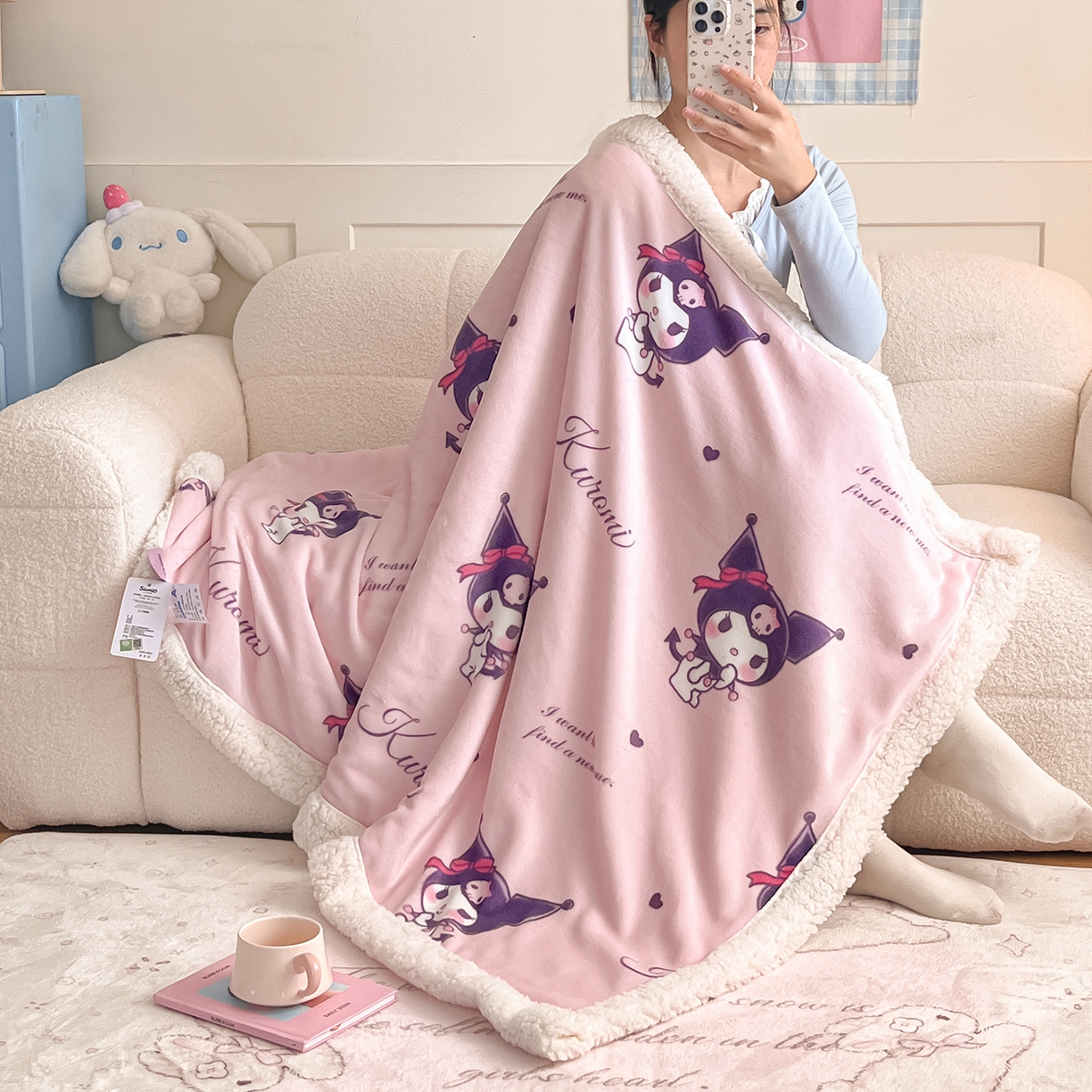 91家纺网 家纺一手货源 找家纺 桃子家居 2025新款A类三丽鸥正版授权少女可爱卡通加厚牛奶绒羊羔绒毛毯多功能四季毛毯 绒毛毯-MT三丽鸥粉梦库洛米