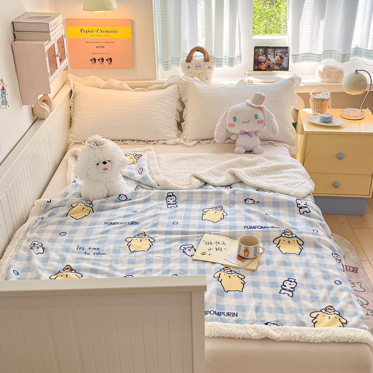 91家纺网 家纺一手货源 找家纺 桃子家居 2025新款A类三丽鸥正版授权少女可爱卡通加厚牛奶绒羊羔绒毛毯多功能四季毛毯 绒毛毯-MT三丽鸥蓝格布丁狗