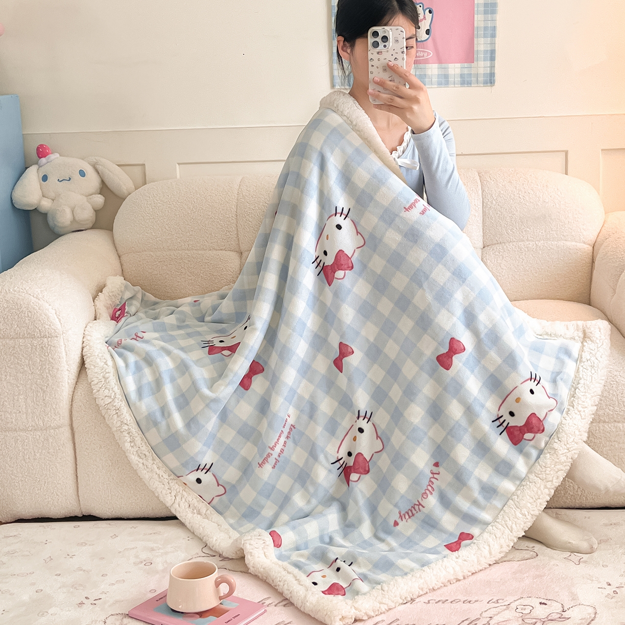 （总）桃子家居 2025新款A类三丽鸥正版授权少女可爱卡通加厚牛奶绒羊羔绒毛毯多功能四季毛毯