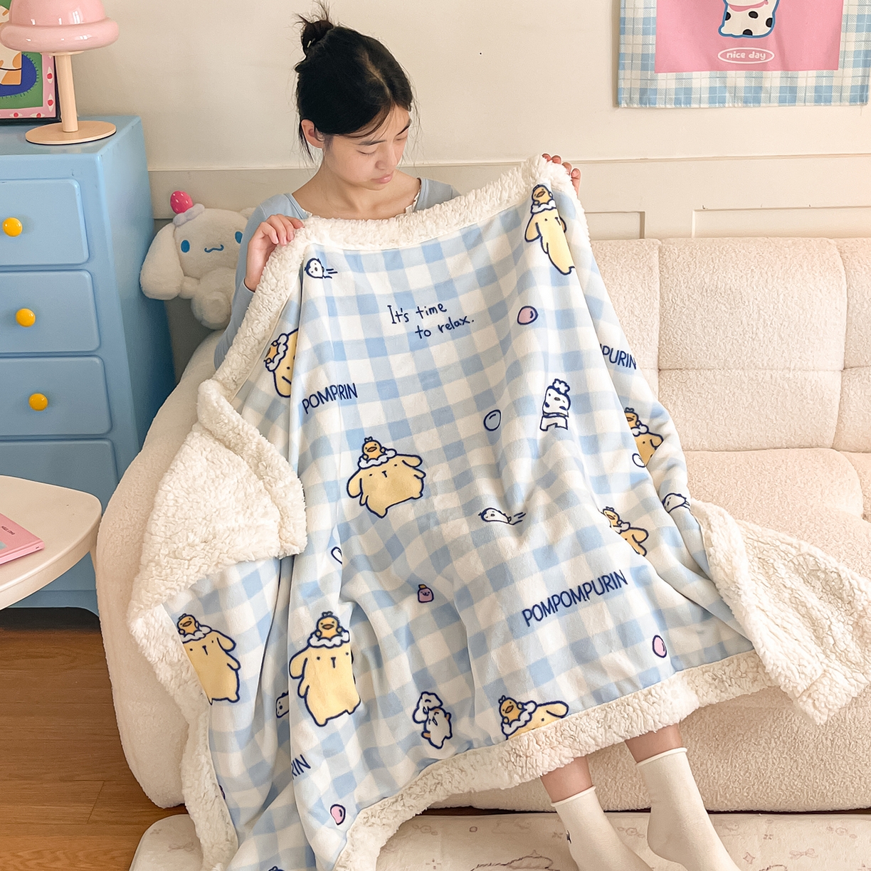 91家纺网 家纺一手货源 找家纺 桃子家居 2025新款A类三丽鸥正版授权少女可爱卡通加厚牛奶绒羊羔绒毛毯多功能四季毛毯 绒毛毯-MT三丽鸥蓝格布丁狗