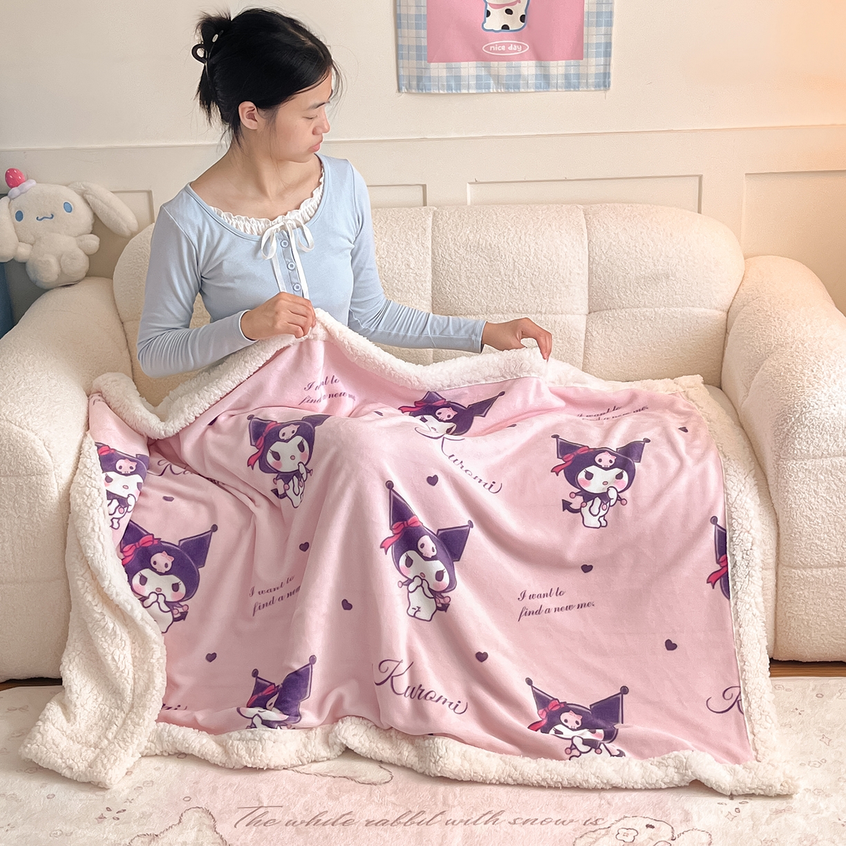 91家纺网 家纺一手货源 找家纺 桃子家居 2025新款A类三丽鸥正版授权少女可爱卡通加厚牛奶绒羊羔绒毛毯多功能四季毛毯 绒毛毯-MT三丽鸥粉梦库洛米