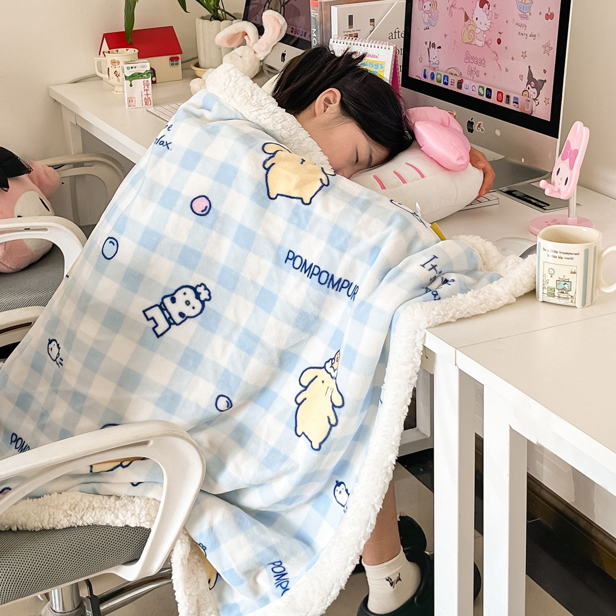 91家纺网 家纺一手货源 找家纺 桃子家居 2025新款A类三丽鸥正版授权少女可爱卡通加厚牛奶绒羊羔绒毛毯多功能四季毛毯 绒毛毯-MT三丽鸥蓝格布丁狗