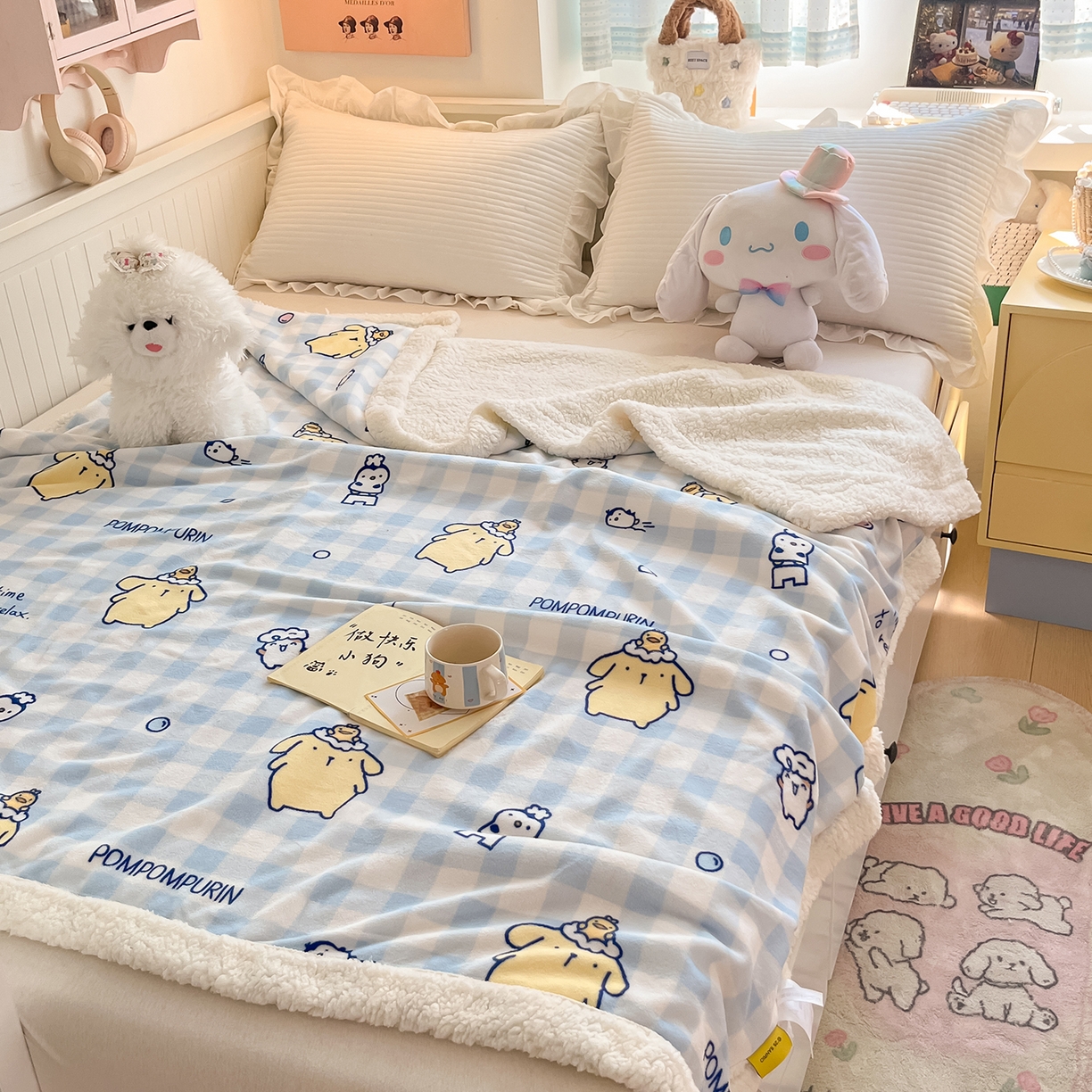 91家纺网 家纺一手货源 找家纺 桃子家居 2025新款A类三丽鸥正版授权少女可爱卡通加厚牛奶绒羊羔绒毛毯多功能四季毛毯 绒毛毯-MT三丽鸥蓝格布丁狗