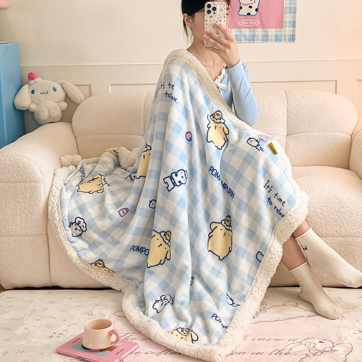 桃子家居 2025新款A类三丽鸥正版授权少女可爱卡通加厚牛奶绒羊羔绒毛毯多功能四季毛毯 绒毛毯-MT三丽鸥蓝格布丁狗