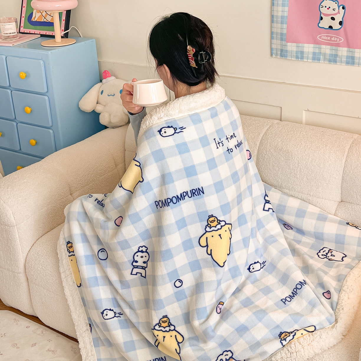 91家纺网 家纺一手货源 找家纺 桃子家居 2025新款A类三丽鸥正版授权少女可爱卡通加厚牛奶绒羊羔绒毛毯多功能四季毛毯 绒毛毯-MT三丽鸥蓝格布丁狗