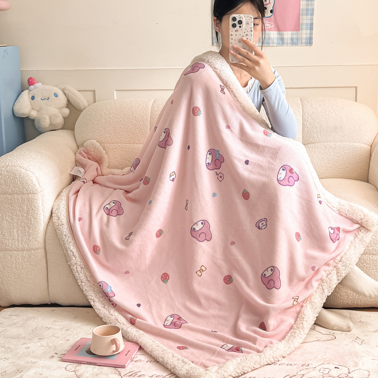 91家纺网 家纺一手货源 找家纺 （总）桃子家居 2025新款A类三丽鸥正版授权少女可爱卡通加厚牛奶绒羊羔绒毛毯多功能四季毛毯