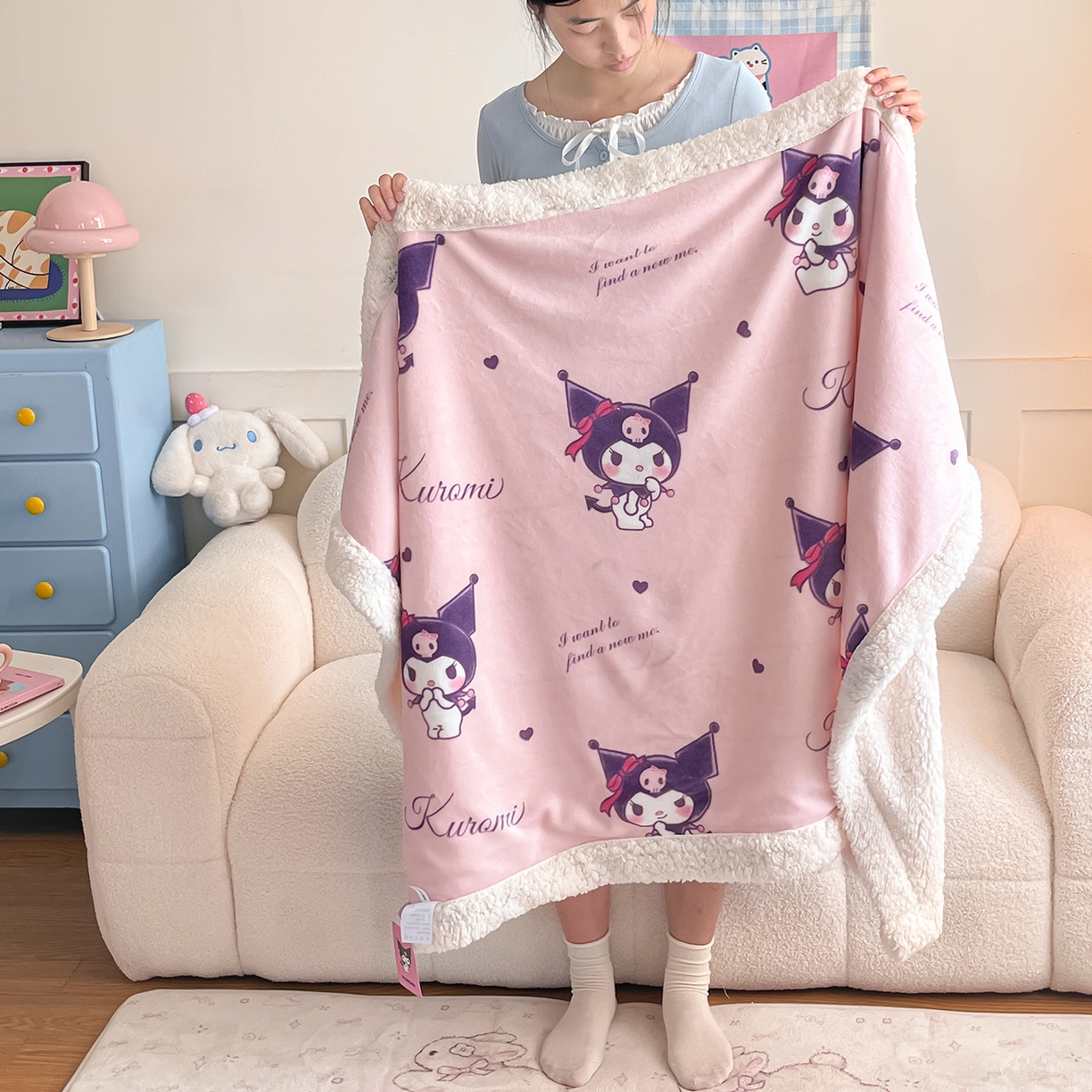 91家纺网 家纺一手货源 找家纺 桃子家居 2025新款A类三丽鸥正版授权少女可爱卡通加厚牛奶绒羊羔绒毛毯多功能四季毛毯 绒毛毯-MT三丽鸥粉梦库洛米