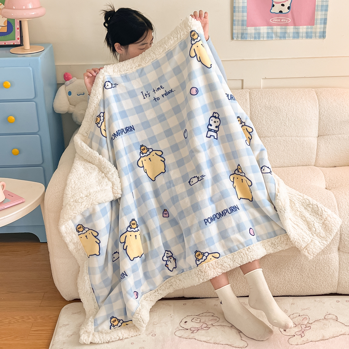 91家纺网 家纺一手货源 找家纺 桃子家居 2025新款A类三丽鸥正版授权少女可爱卡通加厚牛奶绒羊羔绒毛毯多功能四季毛毯 绒毛毯-MT三丽鸥蓝格布丁狗