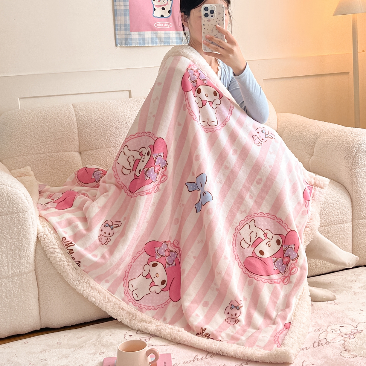 桃子家居 2025新款A类三丽鸥正版授权少女可爱卡通加厚牛奶绒羊羔绒毛毯多功能四季毛毯 绒毛毯-MT三丽鸥粉条美乐蒂