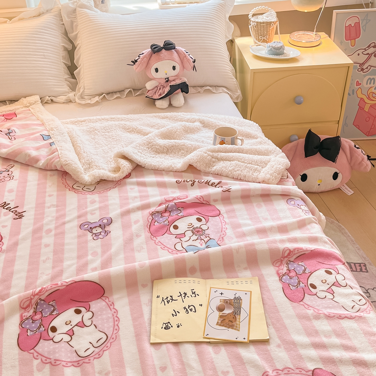 91家纺网 家纺一手货源 找家纺 桃子家居 2025新款A类三丽鸥正版授权少女可爱卡通加厚牛奶绒羊羔绒毛毯多功能四季毛毯 绒毛毯-MT三丽鸥粉条美乐蒂
