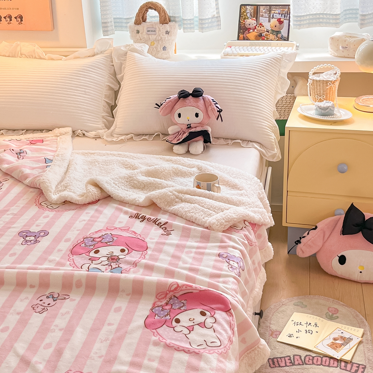 91家纺网 家纺一手货源 找家纺 桃子家居 2025新款A类三丽鸥正版授权少女可爱卡通加厚牛奶绒羊羔绒毛毯多功能四季毛毯 绒毛毯-MT三丽鸥粉条美乐蒂