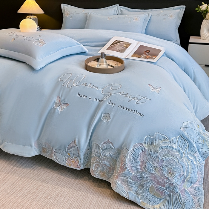 锦铭源家纺 2025新款75D全消光超柔樱花绒绣花四件套牛奶绒四件套【有买家秀】 花颜-蓝