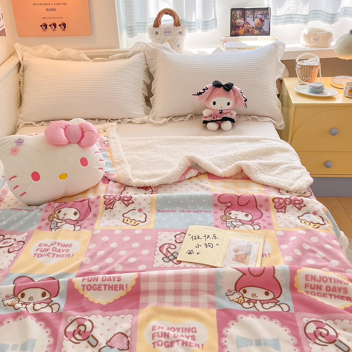 91家纺网 家纺一手货源 找家纺 桃子家居 2025新款A类三丽鸥正版授权少女可爱卡通加厚牛奶绒羊羔绒毛毯多功能四季毛毯 绒毛毯-MT三丽鸥糖果甜心
