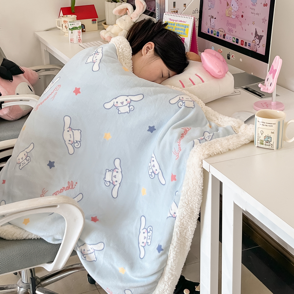 91家纺网 家纺一手货源 找家纺 桃子家居 2025新款A类三丽鸥正版授权少女可爱卡通加厚牛奶绒羊羔绒毛毯多功能四季毛毯 绒毛毯-MT三丽鸥迷你大耳狗