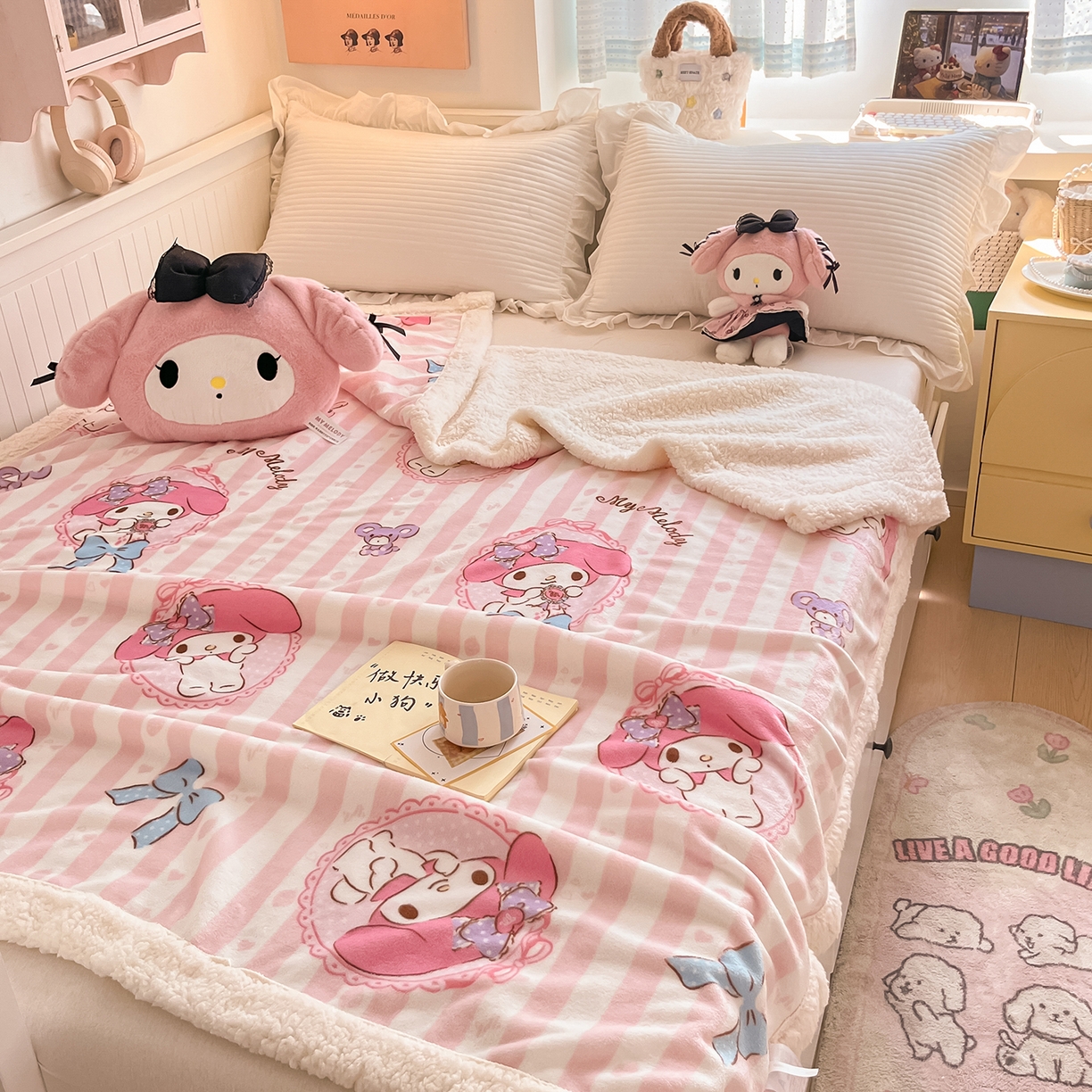 91家纺网 家纺一手货源 找家纺 桃子家居 2025新款A类三丽鸥正版授权少女可爱卡通加厚牛奶绒羊羔绒毛毯多功能四季毛毯 绒毛毯-MT三丽鸥粉条美乐蒂