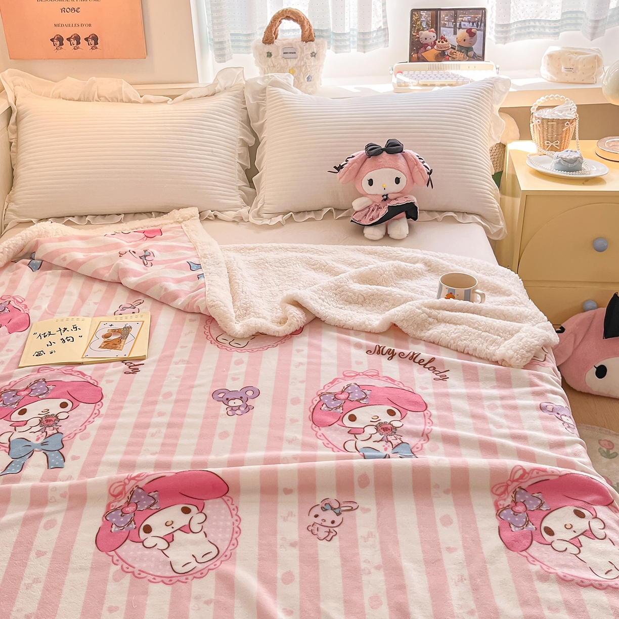 91家纺网 家纺一手货源 找家纺 桃子家居 2025新款A类三丽鸥正版授权少女可爱卡通加厚牛奶绒羊羔绒毛毯多功能四季毛毯 绒毛毯-MT三丽鸥粉条美乐蒂