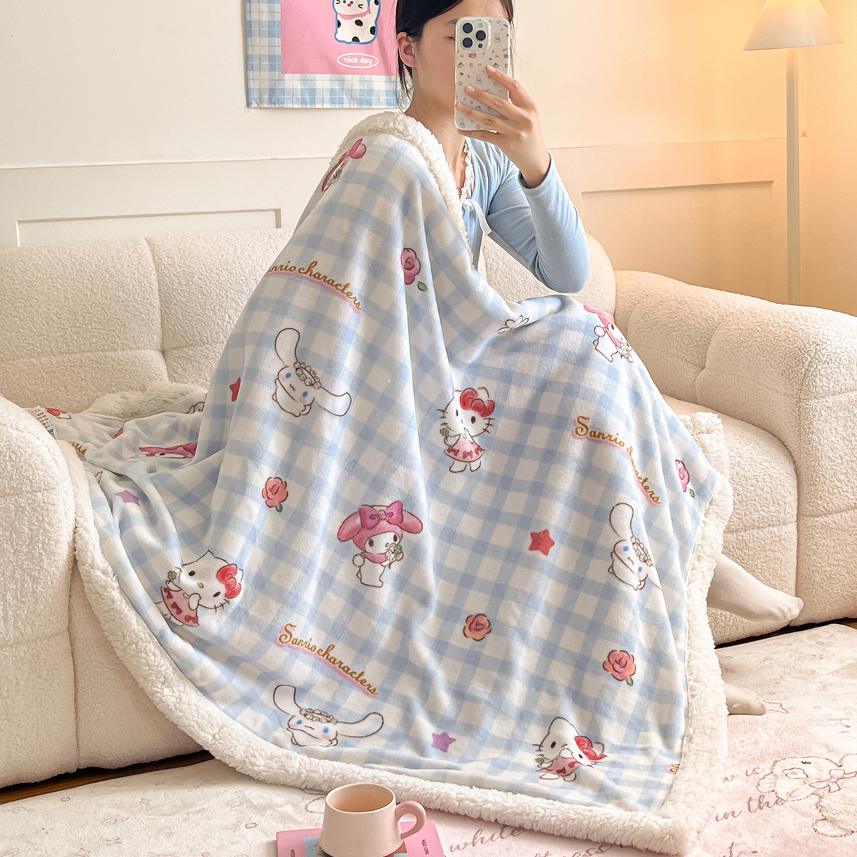 91家纺网 家纺一手货源 找家纺 桃子家居 2025新款A类三丽鸥正版授权少女可爱卡通加厚牛奶绒羊羔绒毛毯多功能四季毛毯 绒毛毯-MT三丽鸥梦幻甜心