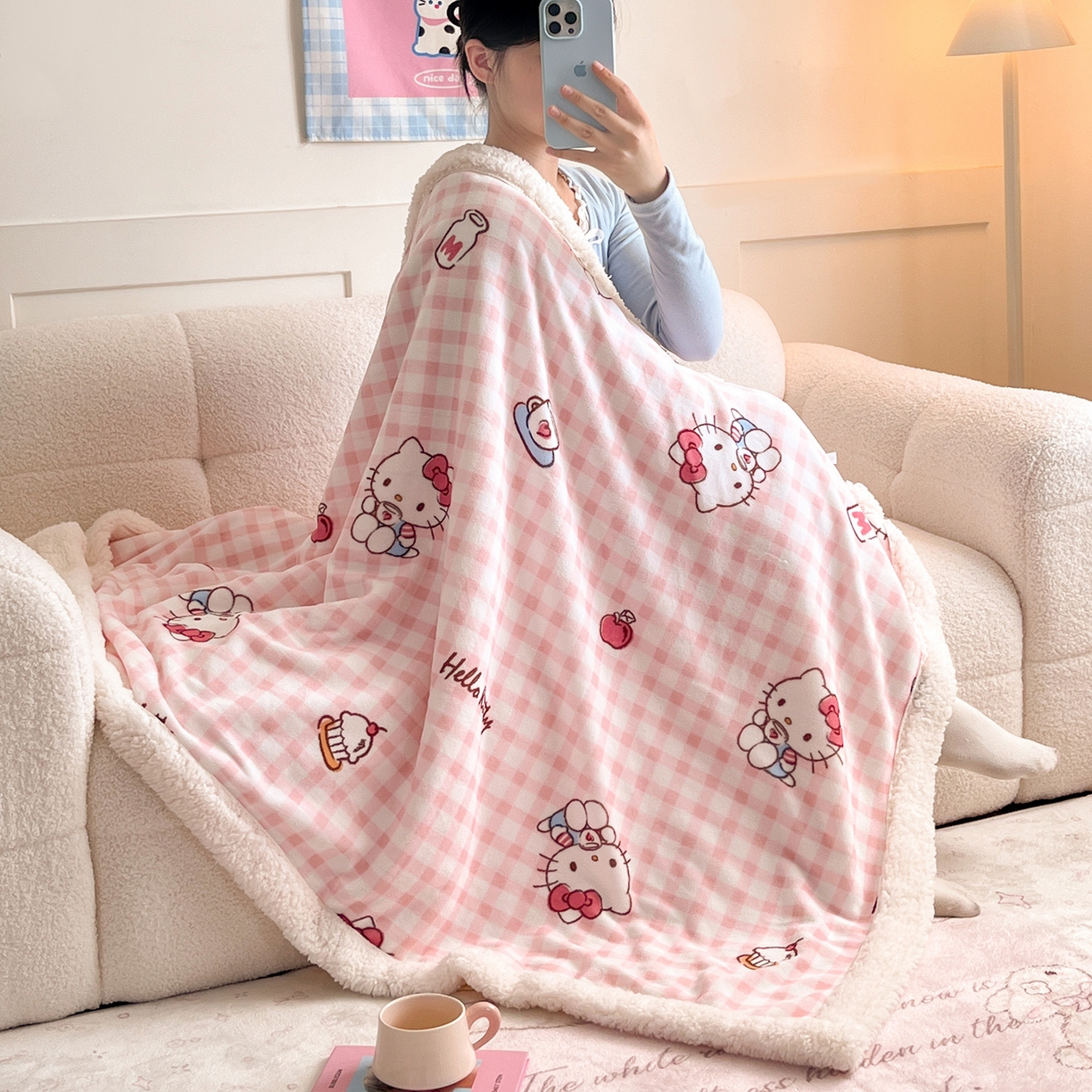 桃子家居 2025新款A类三丽鸥正版授权少女可爱卡通加厚牛奶绒羊羔绒毛毯多功能四季毛毯 绒毛毯-MT三丽鸥粉格牛奶KT