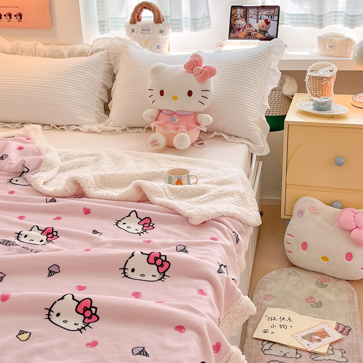 91家纺网 家纺一手货源 找家纺 桃子家居 2025新款A类三丽鸥正版授权少女可爱卡通加厚牛奶绒羊羔绒毛毯多功能四季毛毯 绒毛毯-MT三丽鸥甜筒KT粉