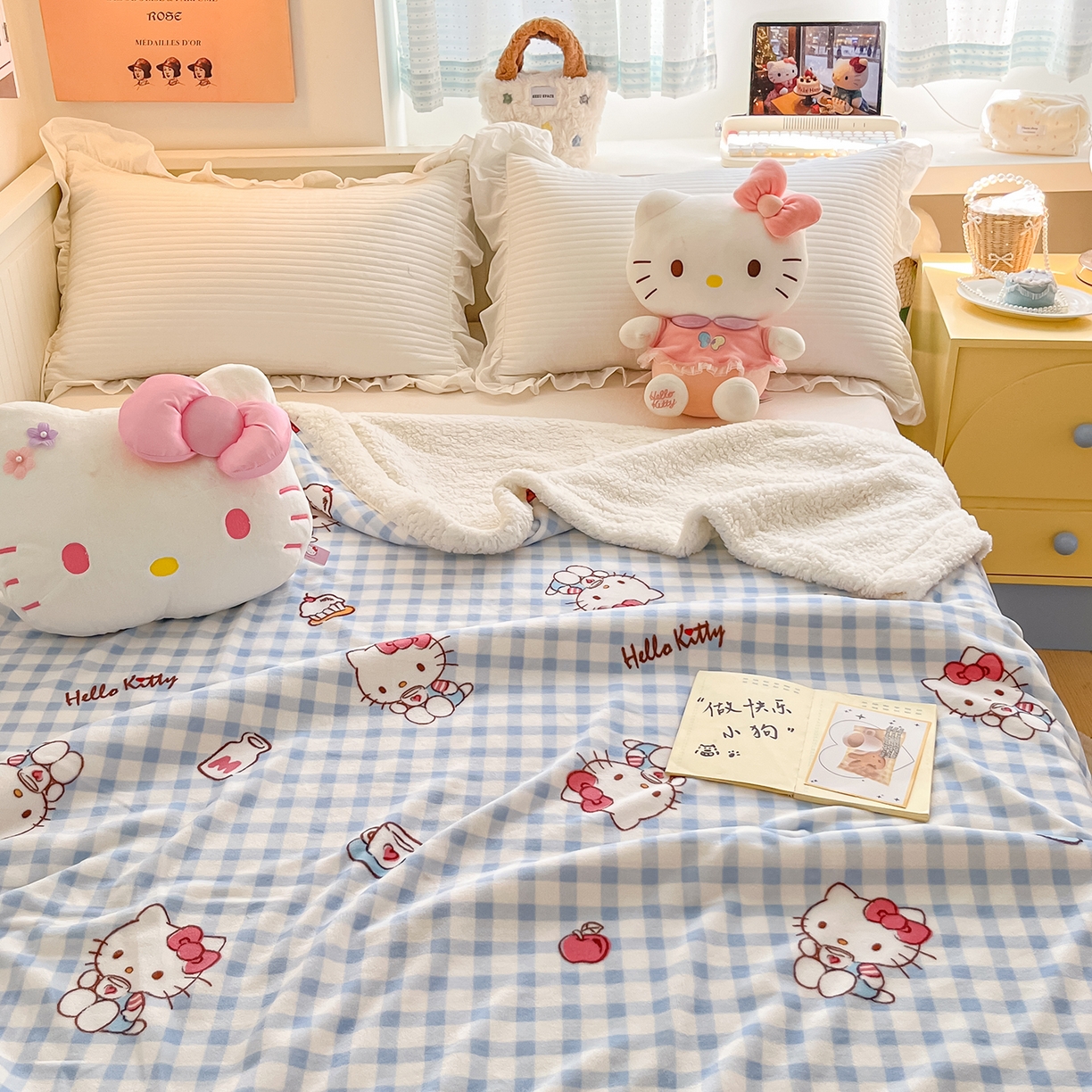 91家纺网 家纺一手货源 找家纺 桃子家居 2025新款A类三丽鸥正版授权少女可爱卡通加厚牛奶绒羊羔绒毛毯多功能四季毛毯 绒毛毯-MT三丽鸥蓝格牛奶KT