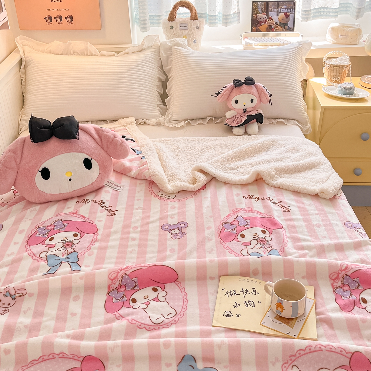 91家纺网 家纺一手货源 找家纺 桃子家居 2025新款A类三丽鸥正版授权少女可爱卡通加厚牛奶绒羊羔绒毛毯多功能四季毛毯 绒毛毯-MT三丽鸥粉条美乐蒂