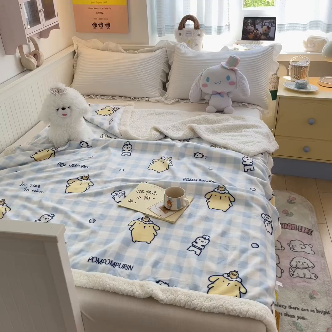 91家纺网 家纺一手货源 找家纺 桃子家居 2025新款A类三丽鸥正版授权少女可爱卡通加厚牛奶绒羊羔绒毛毯多功能四季毛毯 绒毛毯-MT三丽鸥蓝格布丁狗